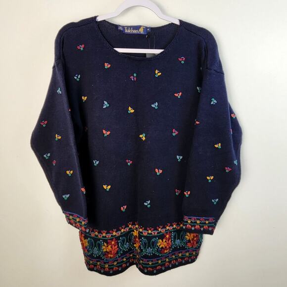 Tulchan Navy Blue Oversized Knit Colorful Sweater Size Medium Cottage Fall Cozy - Picture 1 of 4